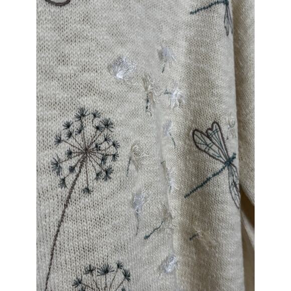 Coldwater Creek Ivory White Wings Wishes Sweater Dragonfly Dandelions XL - Picture 3 of 9